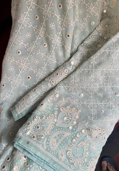 Sky Blue and White Pure Georgette Chikankari Saree