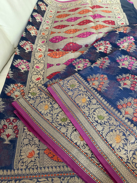 Navy Blue Banarasi Handloom Cotton Silk Saree