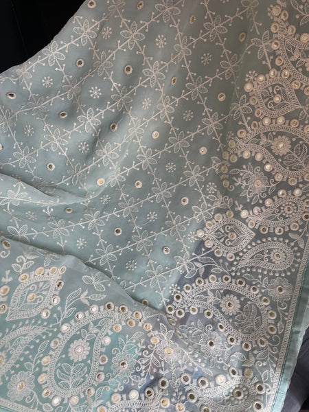Sky Blue and White Pure Georgette Chikankari Saree