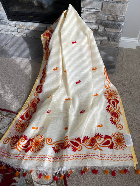 Beige Cotton Jute Saree with Crochet Work