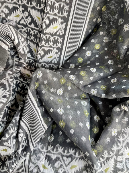 Grey Silver Jamdani Saree with Traditional Woven Design