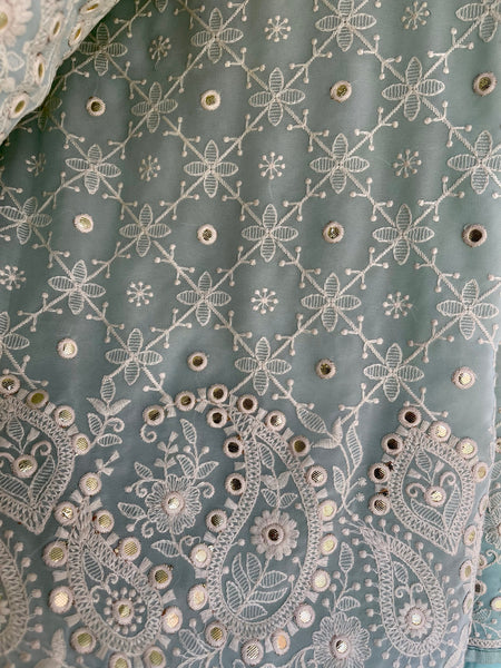 Sky Blue and White Pure Georgette Chikankari Saree