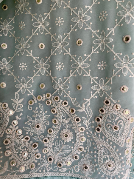 Sky Blue and White Pure Georgette Chikankari Saree