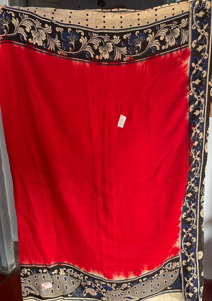 Red and Blue Pure Handloom Silk Kalamkari Painted Saree