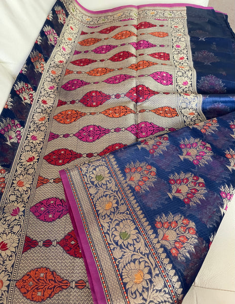 Navy Blue Banarasi Handloom Cotton Silk Saree