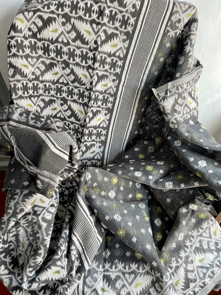 Grey Silver Jamdani Saree with Traditional Woven Design