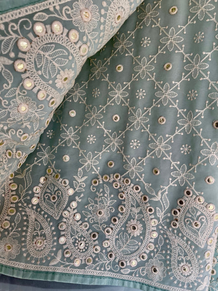 Sky Blue and White Pure Georgette Chikankari Saree