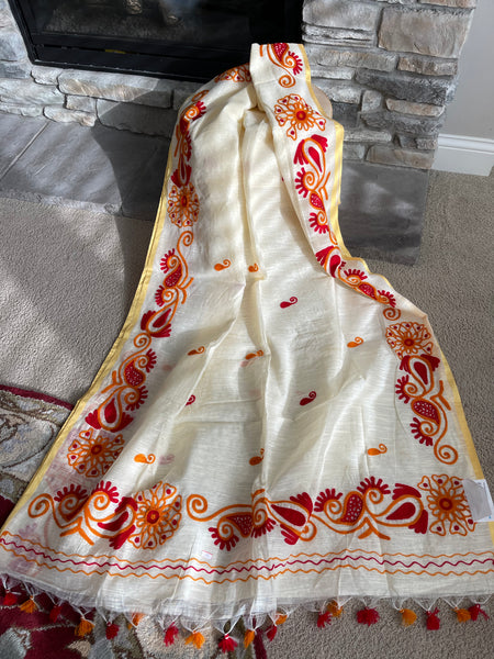 Beige Cotton Jute Saree with Crochet Work