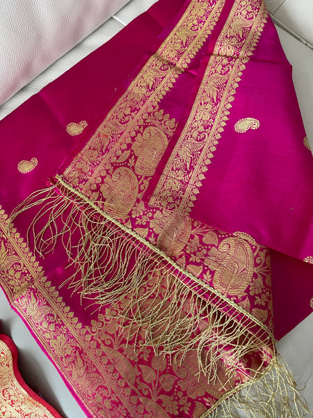 Pure Silk Hot Pink Banarasi Stole/Dupatta