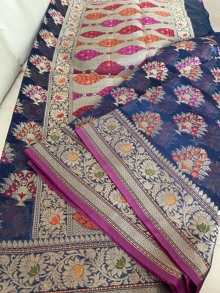 Navy Blue Banarasi Handloom Cotton Silk Saree