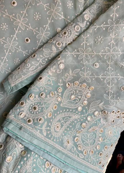 Sky Blue and White Pure Georgette Chikankari Saree