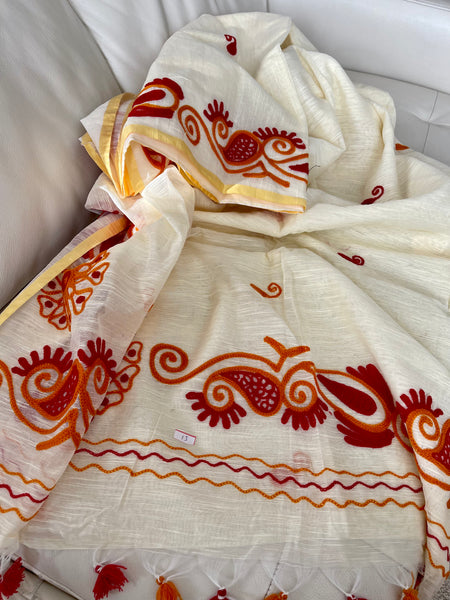 Beige Cotton Jute Saree with Crochet Work