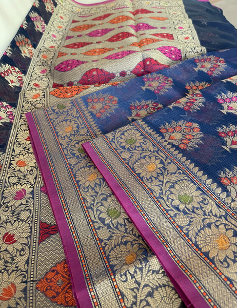 Navy Blue Banarasi Handloom Cotton Silk Saree