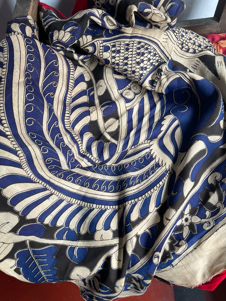 Red and Blue Pure Handloom Silk Kalamkari Painted Saree