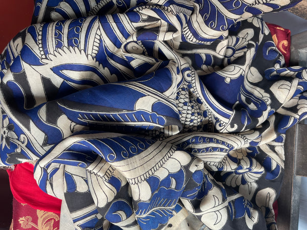 Red and Blue Pure Handloom Silk Kalamkari Painted Saree