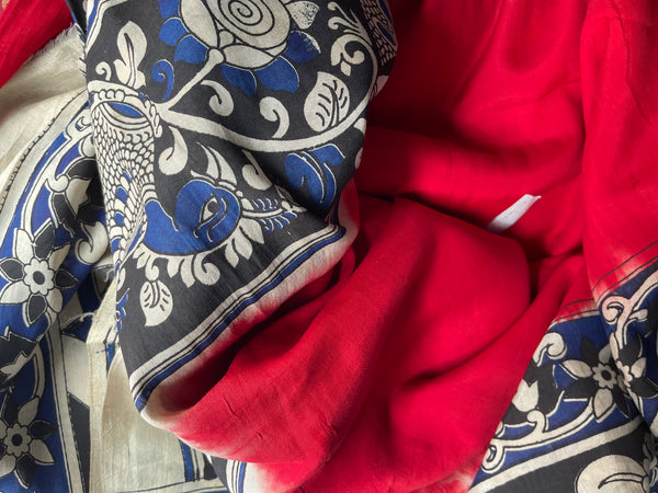 Red and Blue Pure Handloom Silk Kalamkari Painted Saree