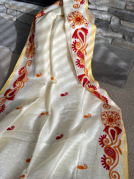 Beige Cotton Jute Saree with Crochet Work