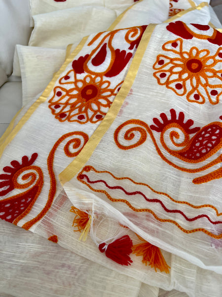 Beige Cotton Jute Saree with Crochet Work