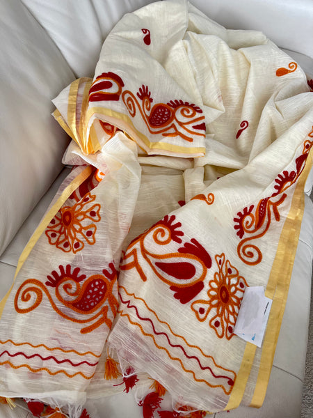 Beige Cotton Jute Saree with Crochet Work