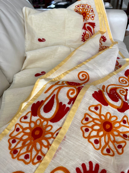 Beige Cotton Jute Saree with Crochet Work