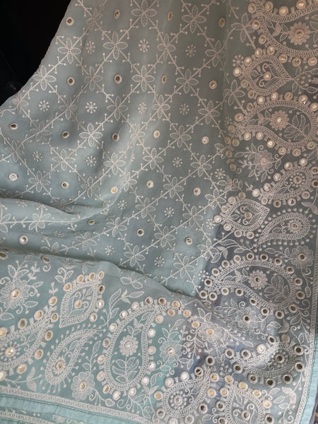 Sky Blue and White Pure Georgette Chikankari Saree