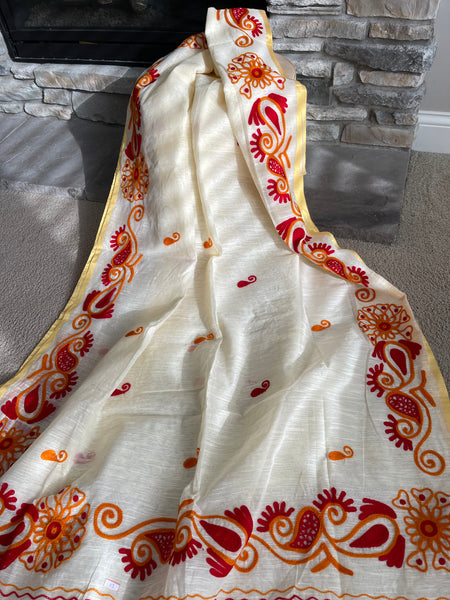 Beige Cotton Jute Saree with Crochet Work