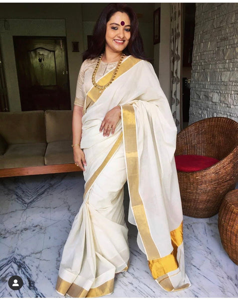White & Gold Pure Kerala Cotton Saree