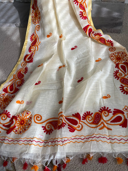 Beige Cotton Jute Saree with Crochet Work