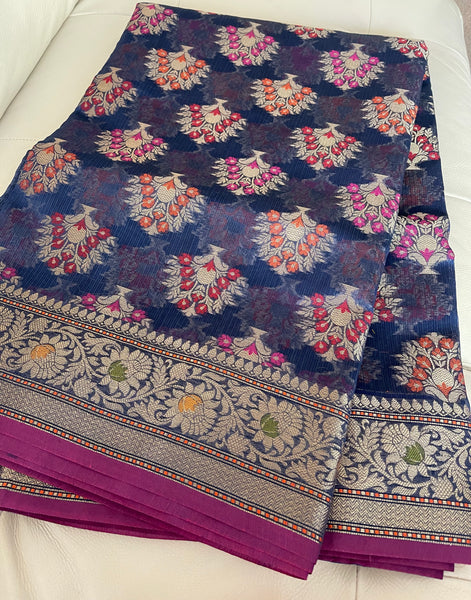 Navy Blue Banarasi Handloom Cotton Silk Saree