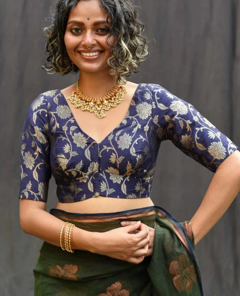 Readymade Beautiful Blue Silk Blouse With Elegant V-neck Design