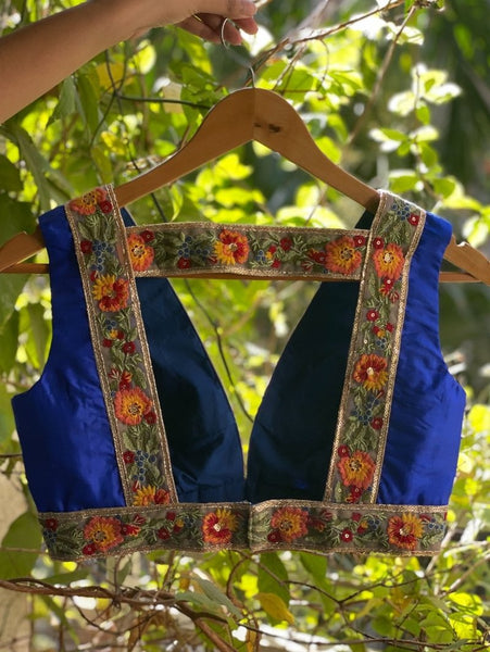 Blue hand-woven embroidered silk readymade blouse