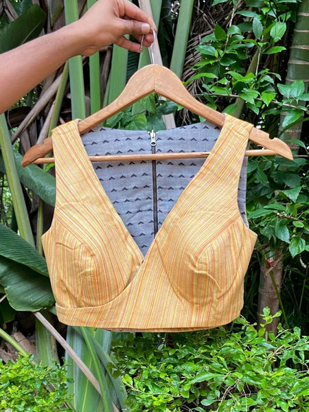 YELLOW AND GREY COTTON IKAT REVERSIBLE READYMADE BLOUSE