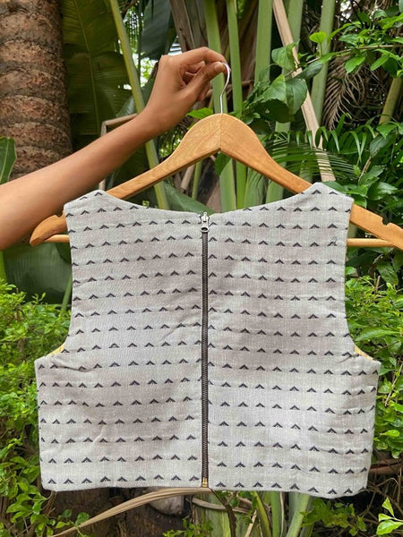YELLOW AND GREY COTTON IKAT REVERSIBLE READYMADE BLOUSE