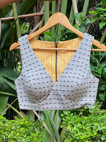 YELLOW AND GREY COTTON IKAT REVERSIBLE READYMADE BLOUSE