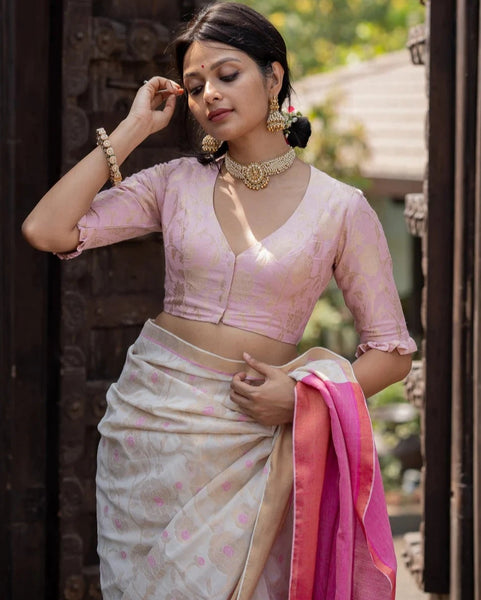 Readymade Baby Pink Brocade Blouse Made Of Satiny Soft Silk