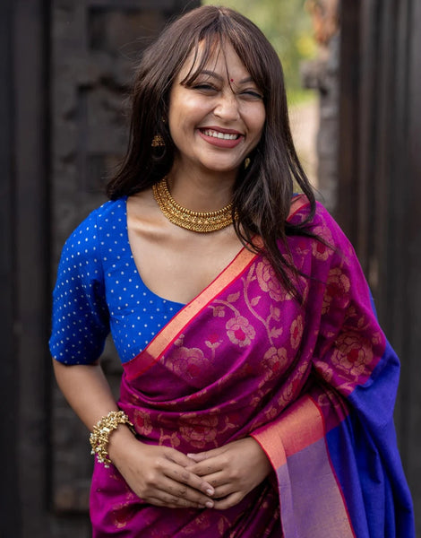 Readymade Royal Blue Benarasi Blouse With An Elegant U Neck