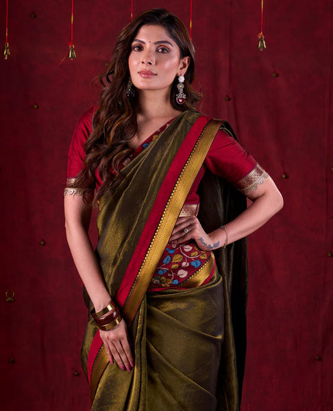 Midnight Black Tissue Saree featuring Maroon Accents & Artisanal Kalamkari and Elegant Zari Border