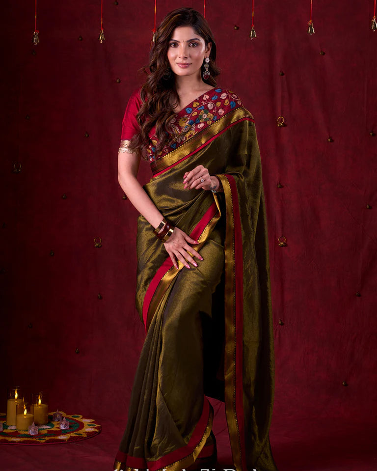 Midnight Black Tissue Saree featuring Maroon Accents & Artisanal Kalamkari and Elegant Zari Border
