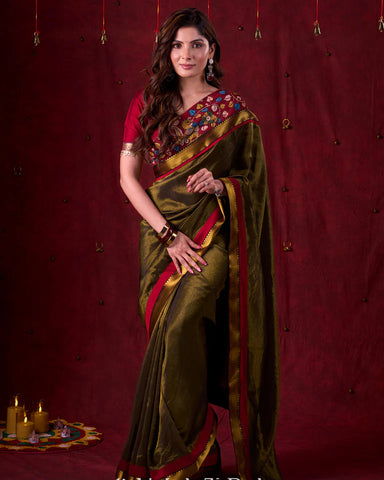 Midnight Black Tissue Saree featuring Maroon Accents & Artisanal Kalamkari and Elegant Zari Border