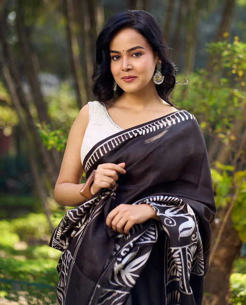 Artisanal Black Pure Silk Hand Batik Saree with Classic Bold Designs