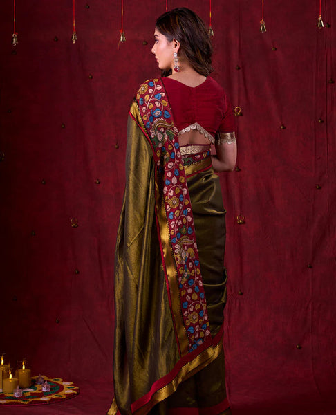 Midnight Black Tissue Saree featuring Maroon Accents & Artisanal Kalamkari and Elegant Zari Border