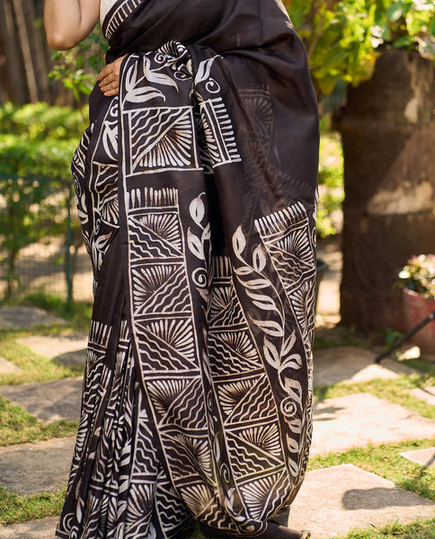Artisanal Black Pure Silk Hand Batik Saree with Classic Bold Designs