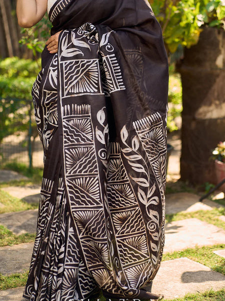 Artisanal Black Pure Silk Hand Batik Saree with Classic Bold Designs
