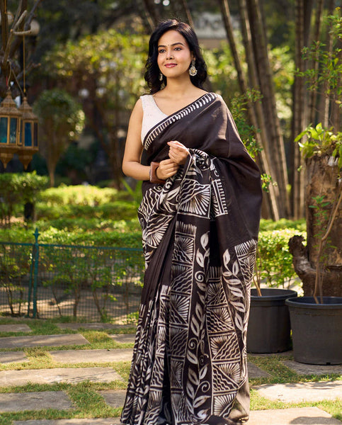 Artisanal Black Pure Silk Hand Batik Saree with Classic Bold Designs