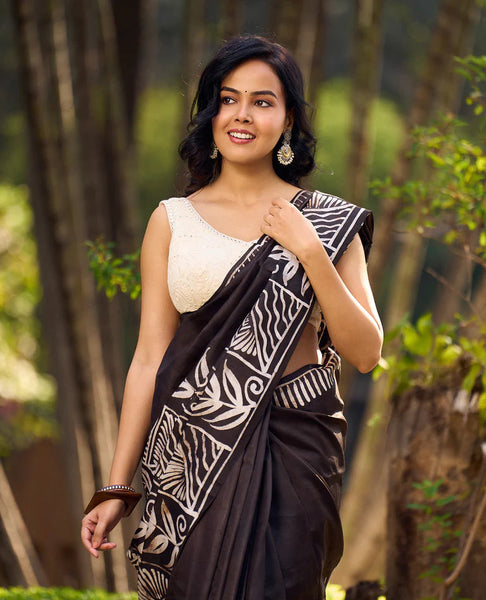 Artisanal Black Pure Silk Hand Batik Saree with Classic Bold Designs