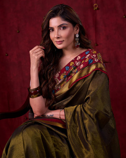 Midnight Black Tissue Saree featuring Maroon Accents & Artisanal Kalamkari and Elegant Zari Border