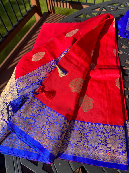 Tomato Red Soft Banarasi Pattu Katan Silk Saree with Zari weaves with Deep Navy Blue Border