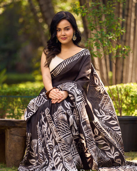 Artisanal Black Pure Silk Hand Batik Saree with Classic Bold Designs