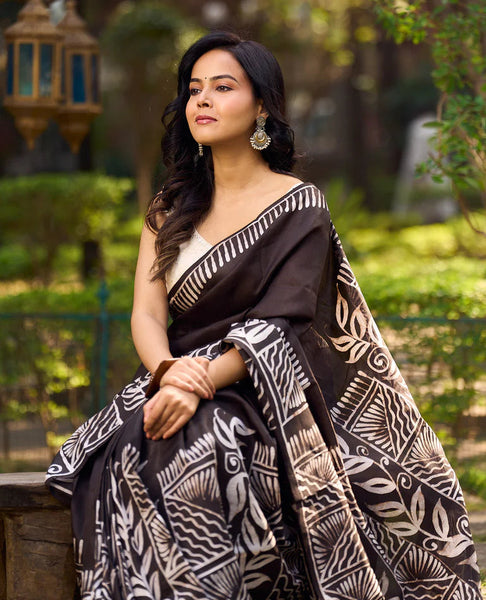 Artisanal Black Pure Silk Hand Batik Saree with Classic Bold Designs