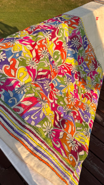 Pure Tussar Silk Kantha Stitched Embroidered Saree